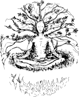 A hand-drawn figure resting beneath a tree